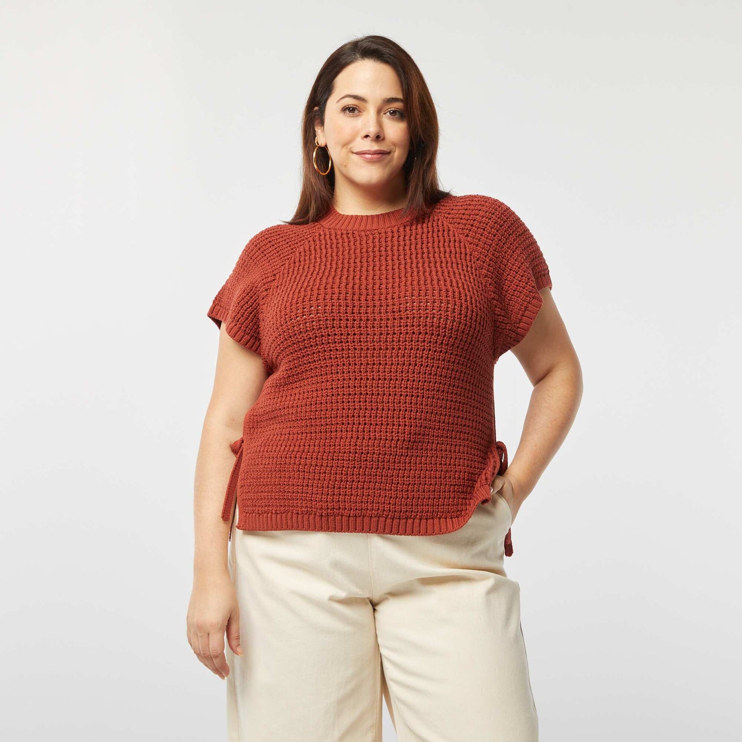 Pull manches courtes en maille large ROUGE BRIQUE