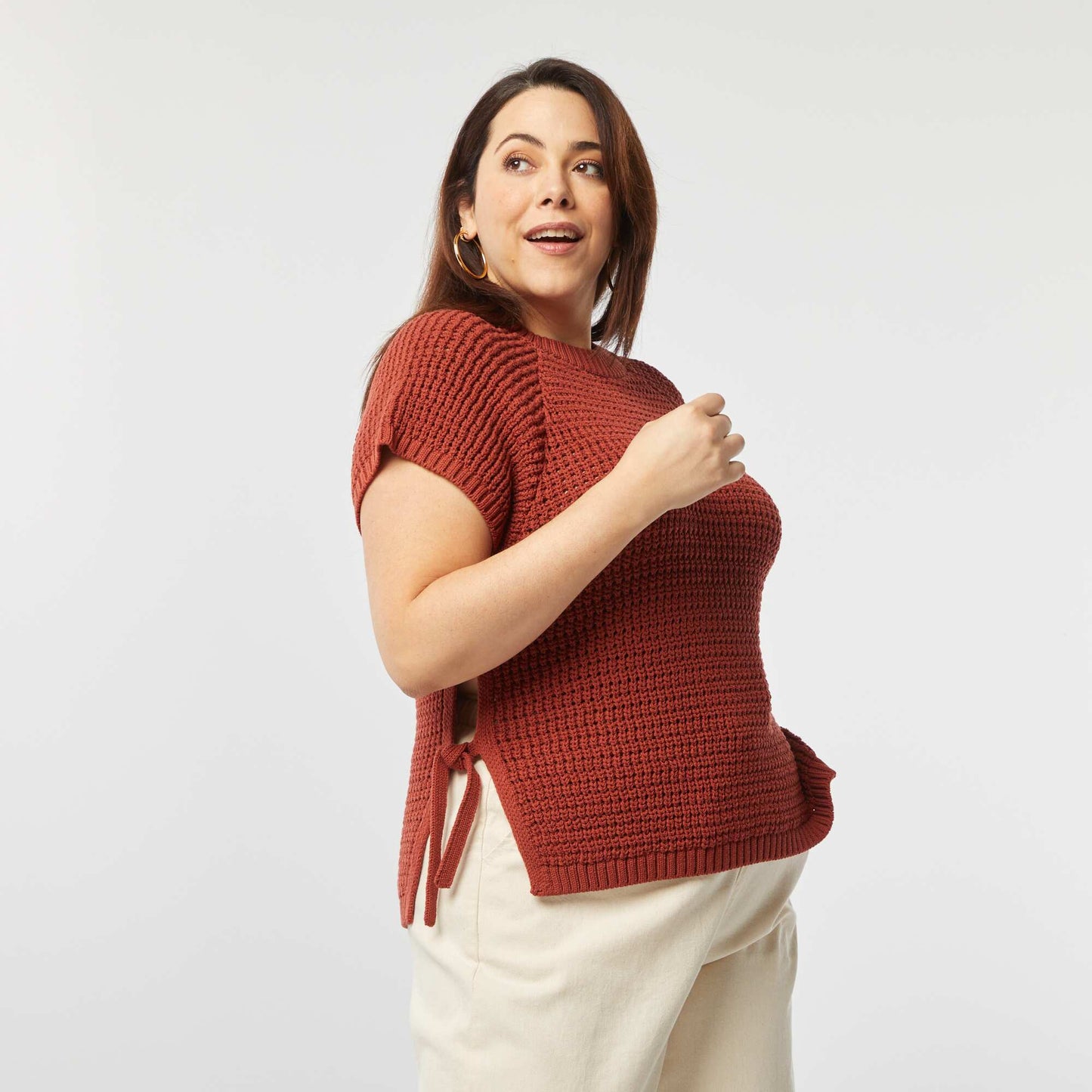 Pull manches courtes en maille large ROUGE BRIQUE