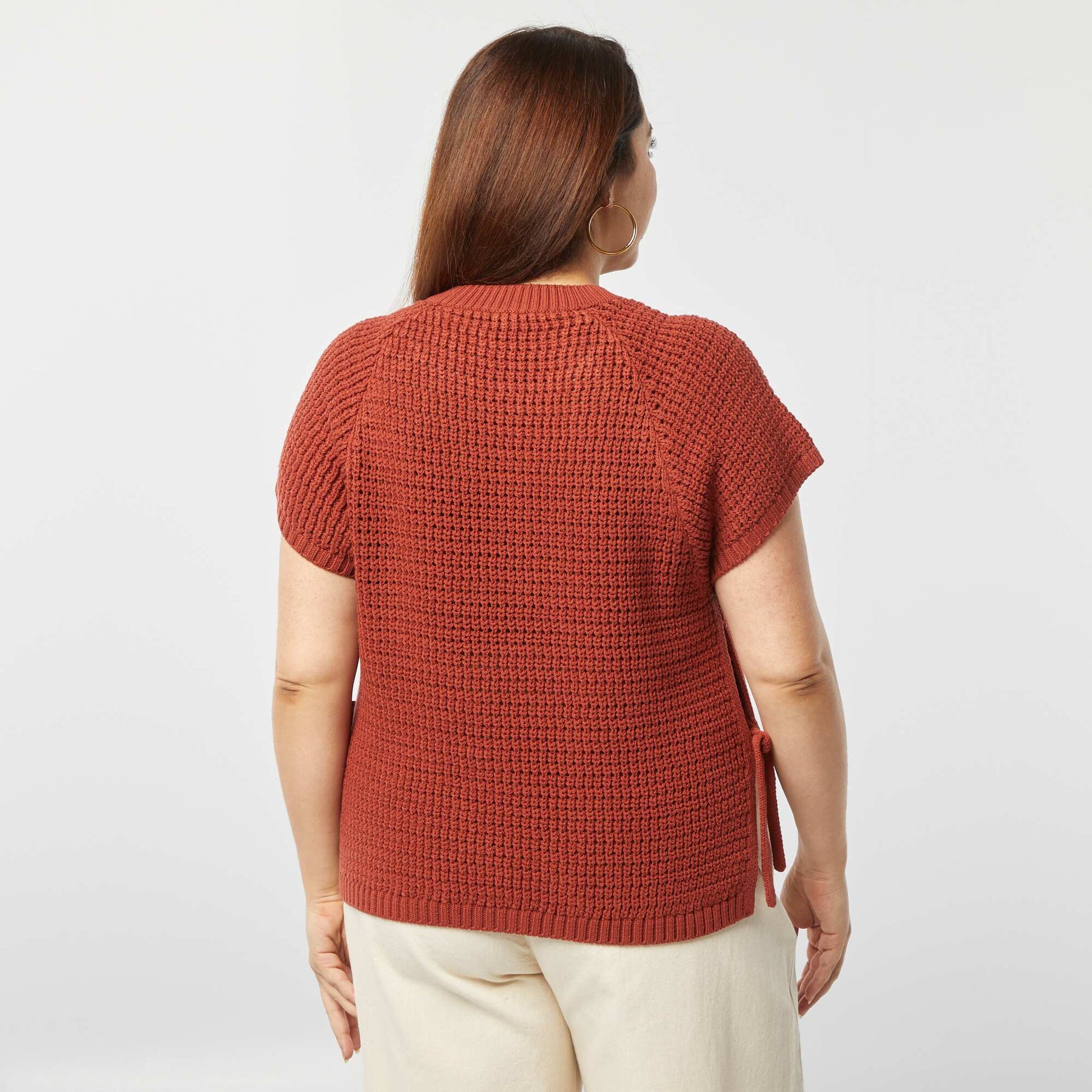 Pull manches courtes en maille large ROUGE BRIQUE