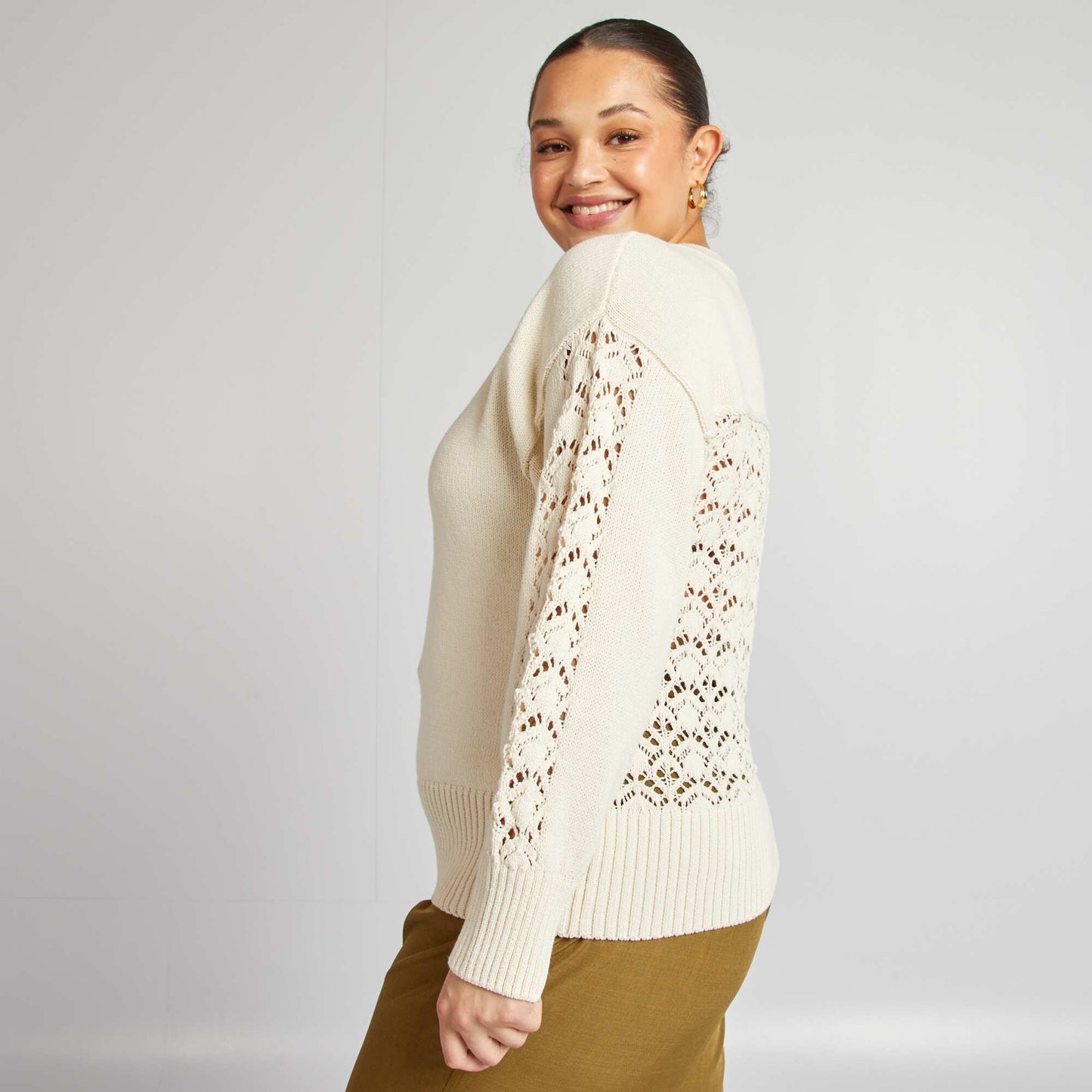 Pull en crochet avec col boutonné BEIGE