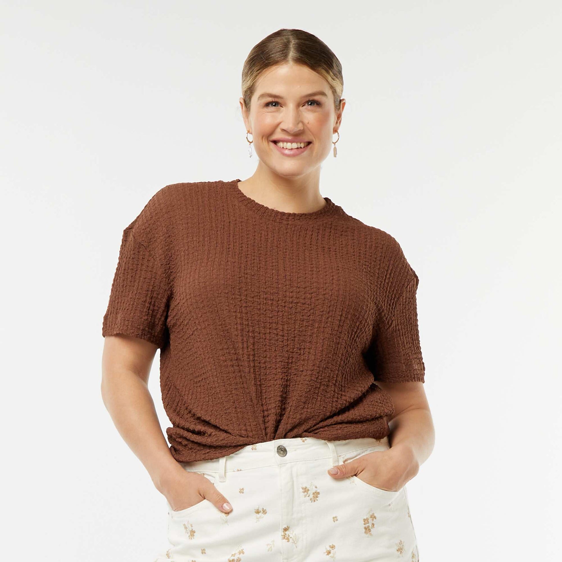 Tee-shirt large en maille gaufrée MARRON