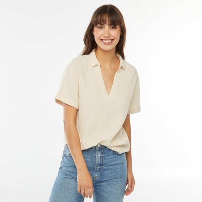 Blouse col polo en maille crêpe BLANC