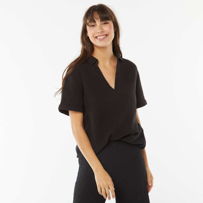 Blouse col polo en maille crêpe NOIR