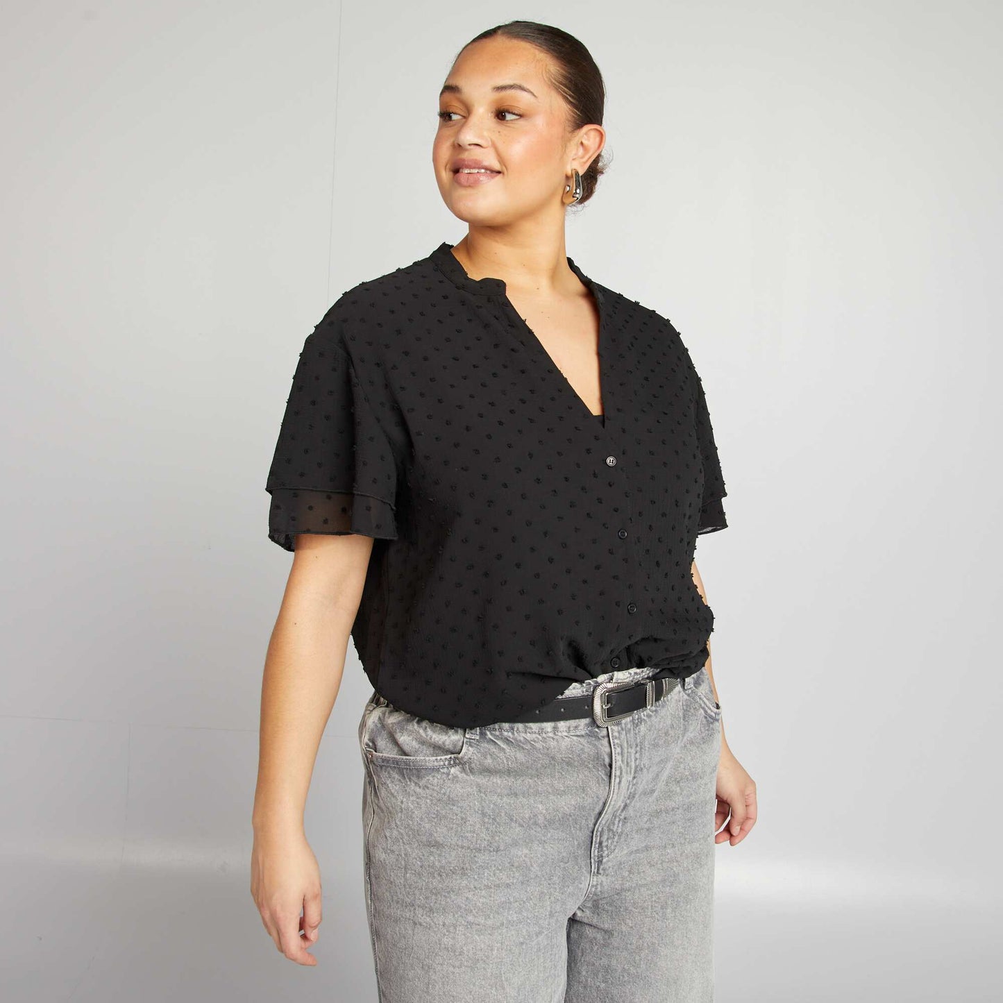 Chemisier à manches courtes en plumetis NOIR