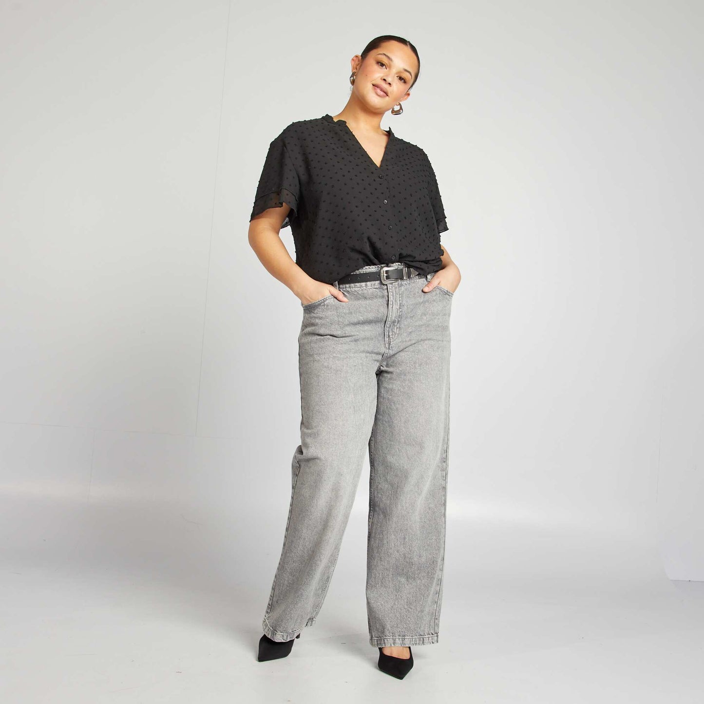 Chemisier à manches courtes en plumetis NOIR