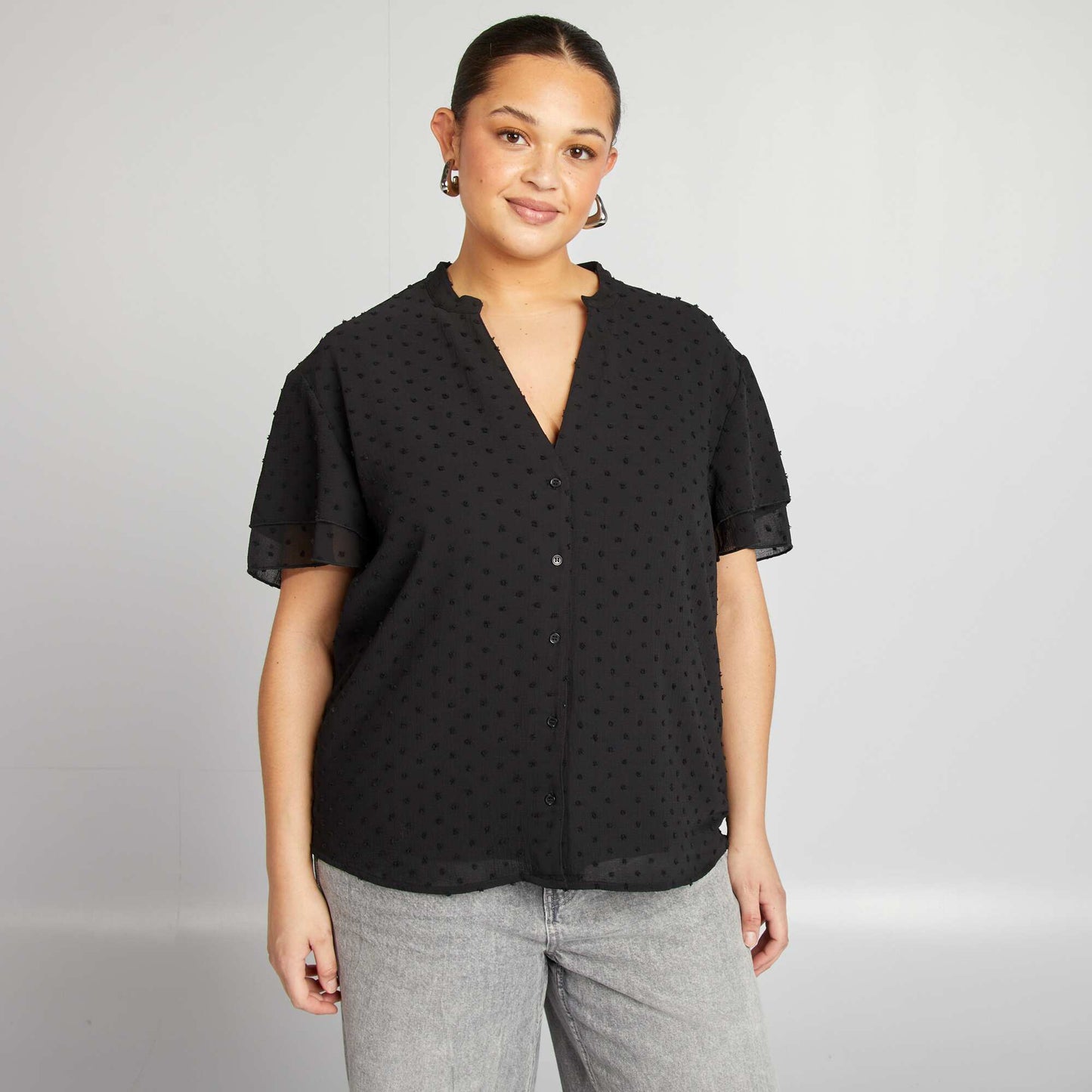 Chemisier à manches courtes en plumetis NOIR