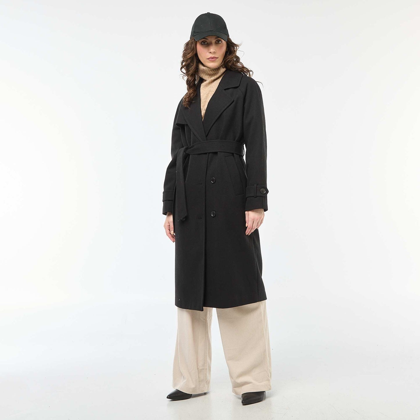 Manteau long chaud à ceinture NOIR