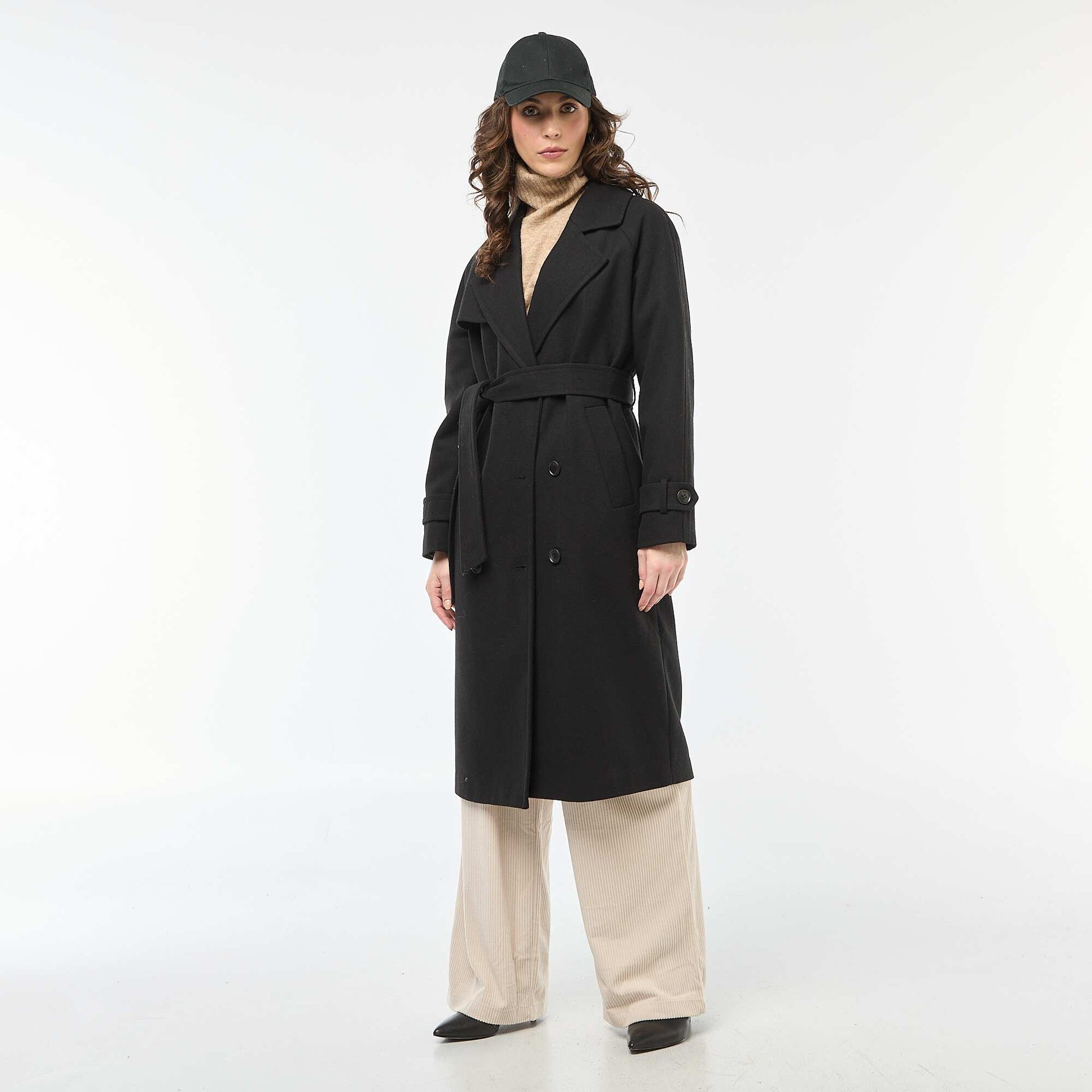 Manteau long chaud à ceinture NOIR