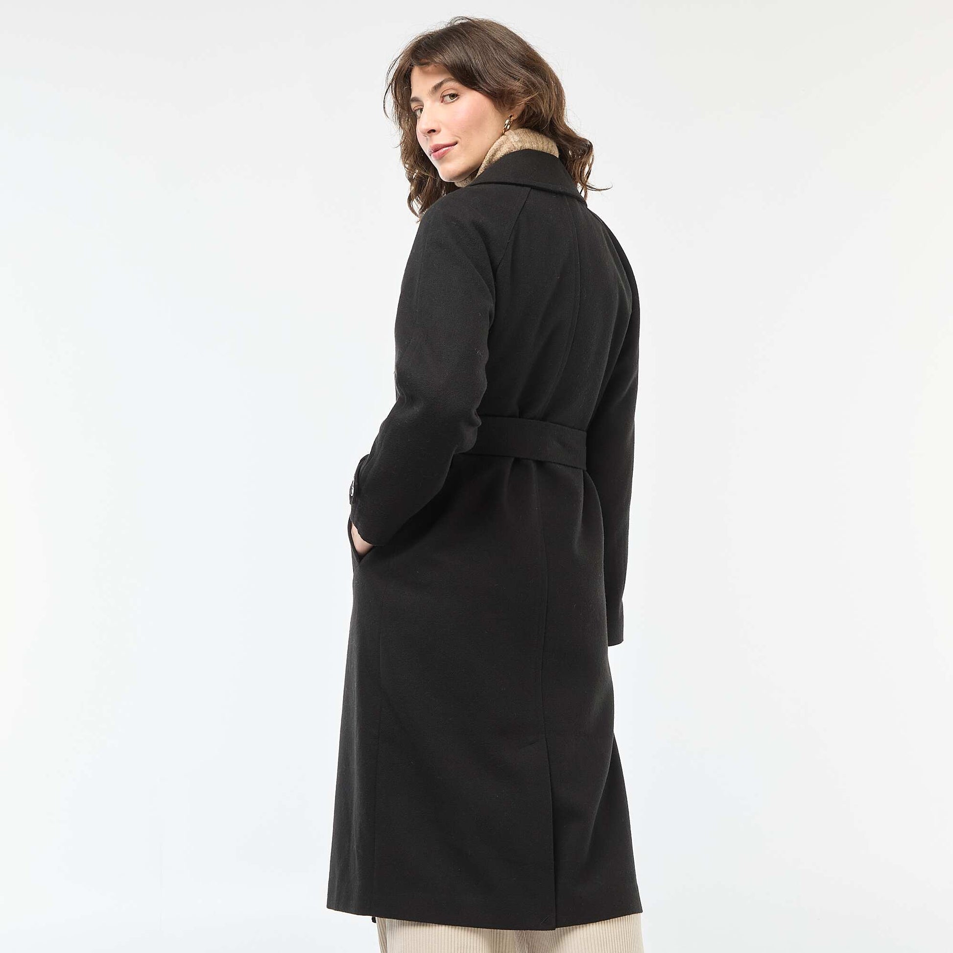 Manteau long chaud à ceinture NOIR