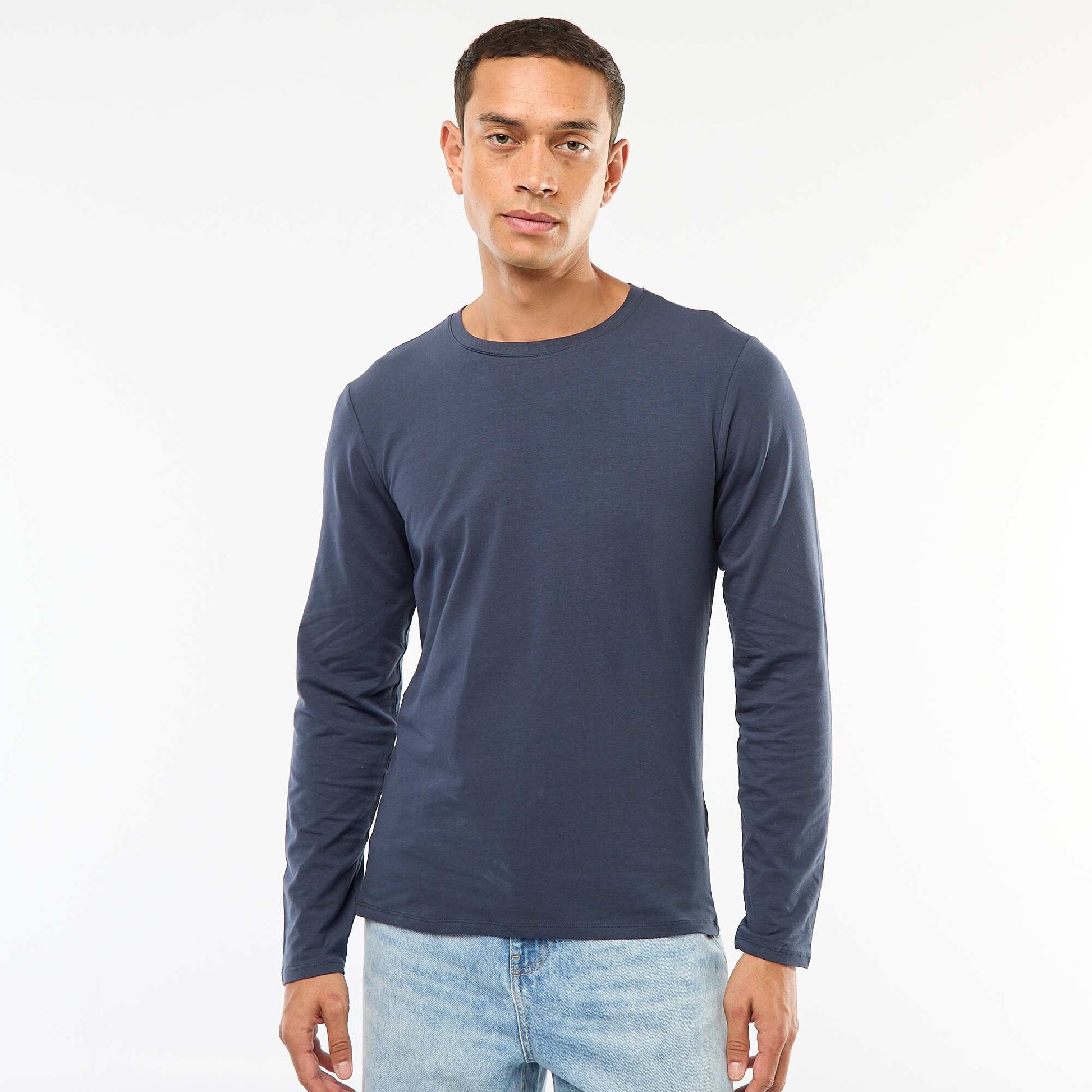 T-shirt uni à manches longues et col rond BLEU