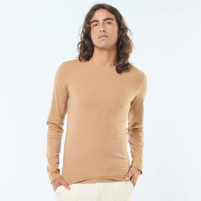 T-shirt uni à manches courtes et col rond BEIGE