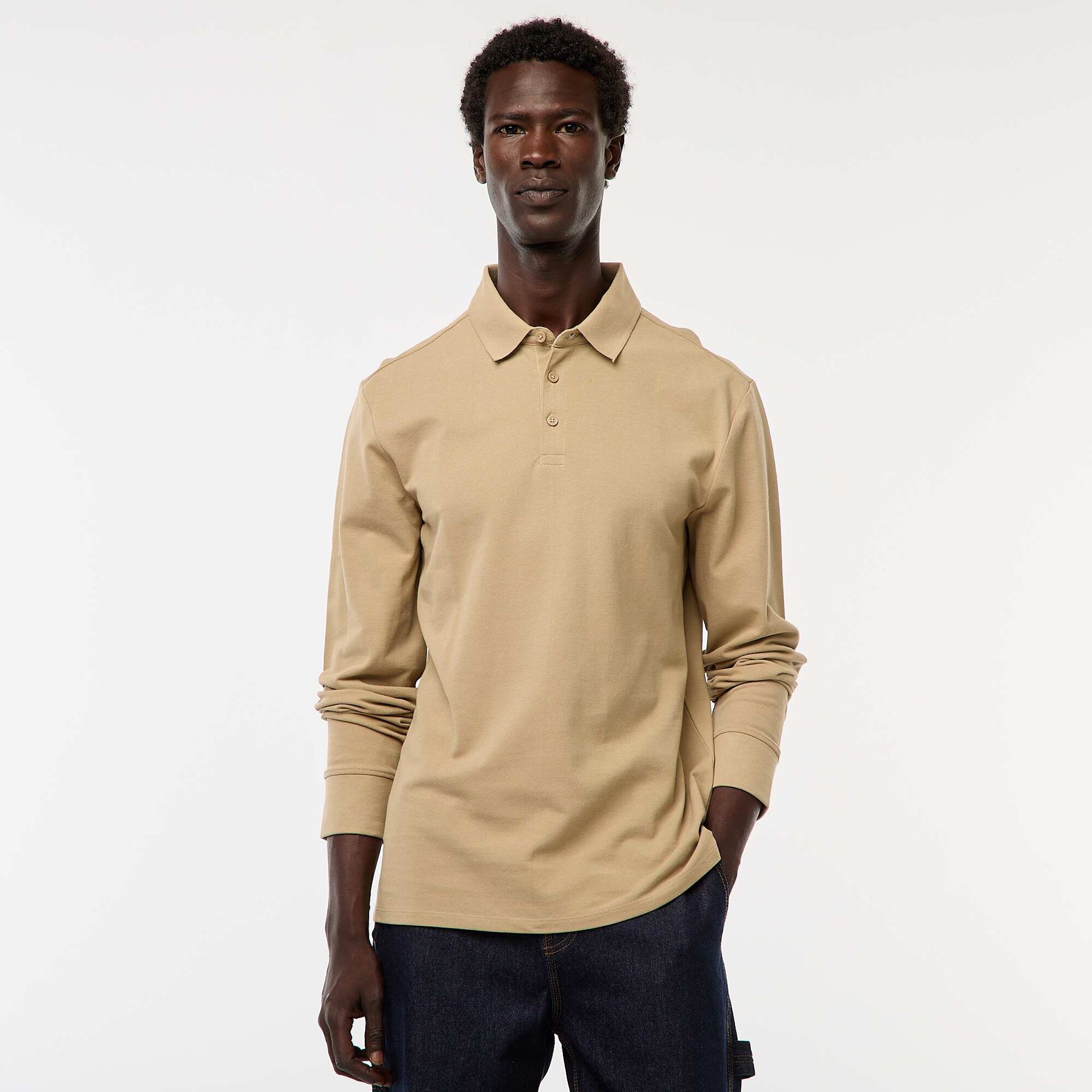 Polo en maille piquée à manches longues uni BEIGE