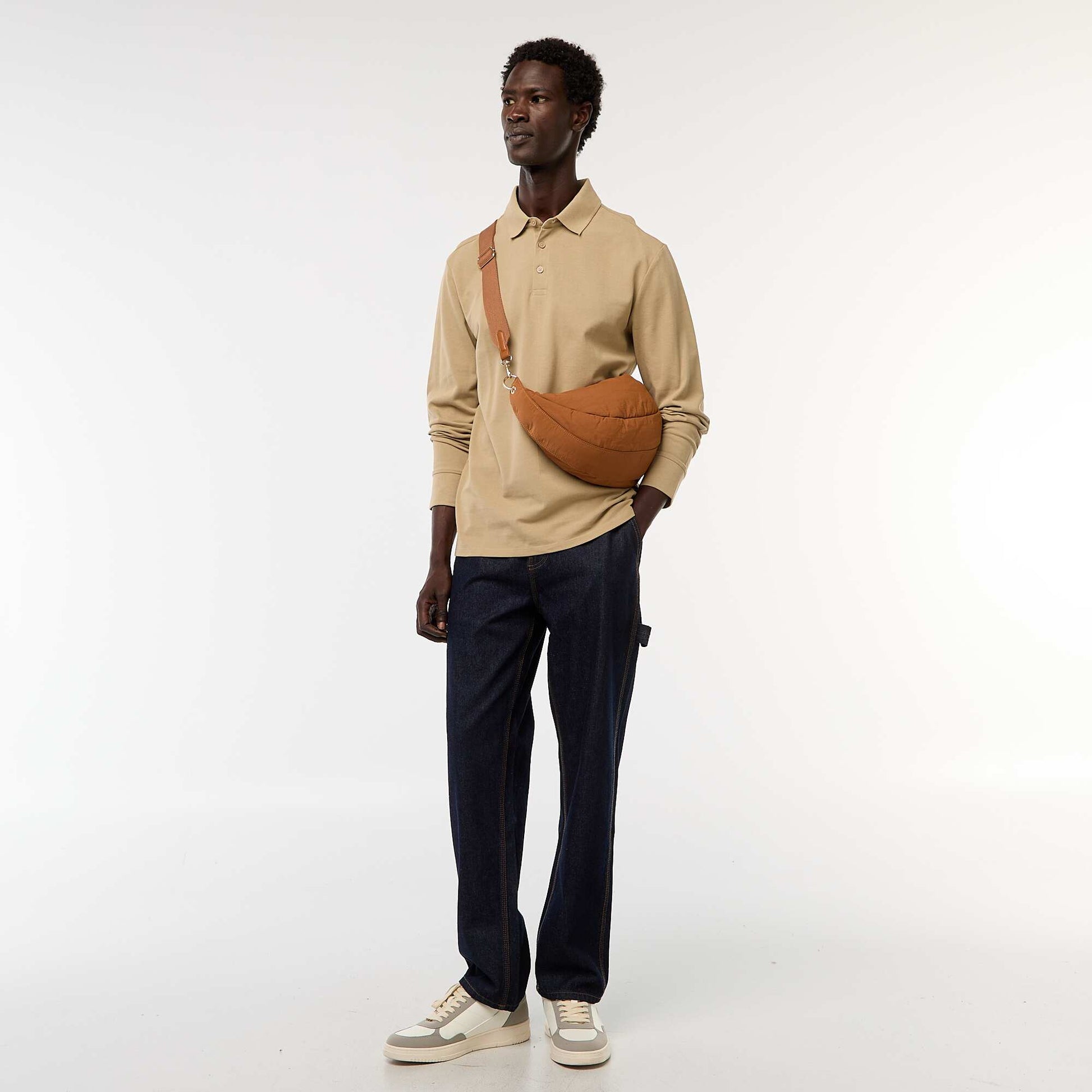 Polo en maille piquée à manches longues uni BEIGE