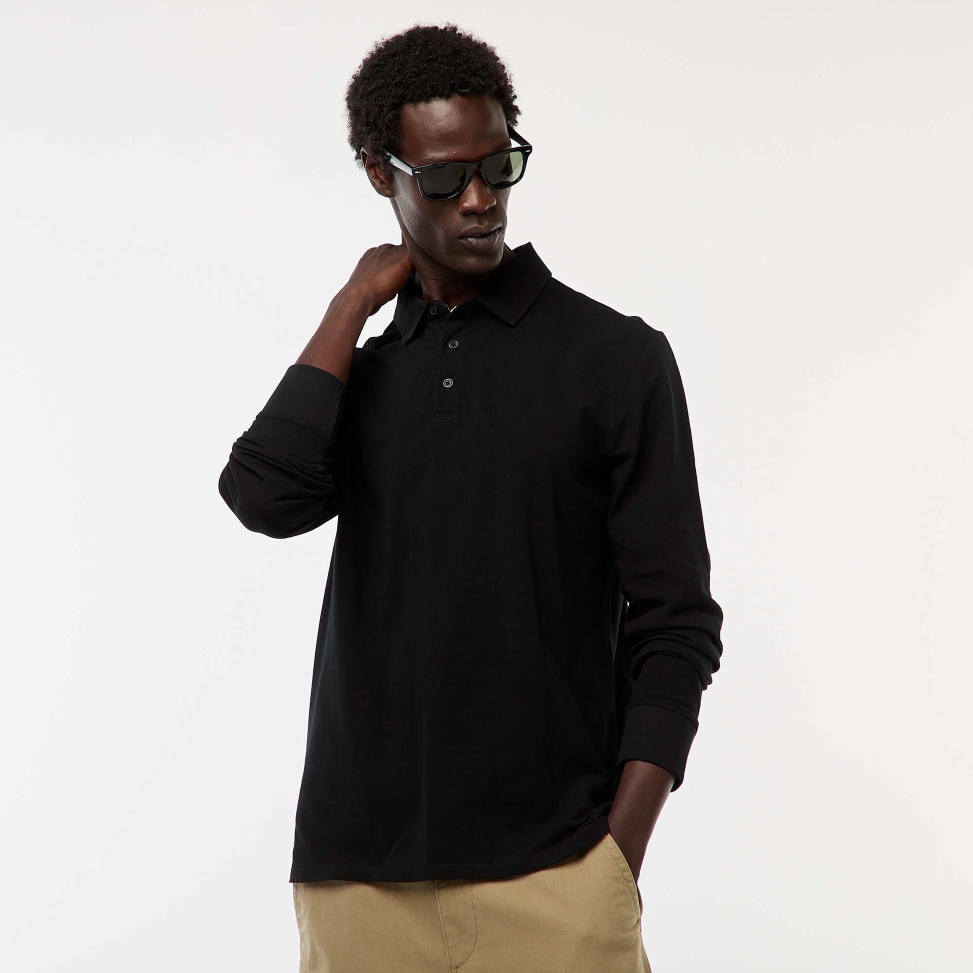 Polo en maille piquée à manches longues uni NOIR