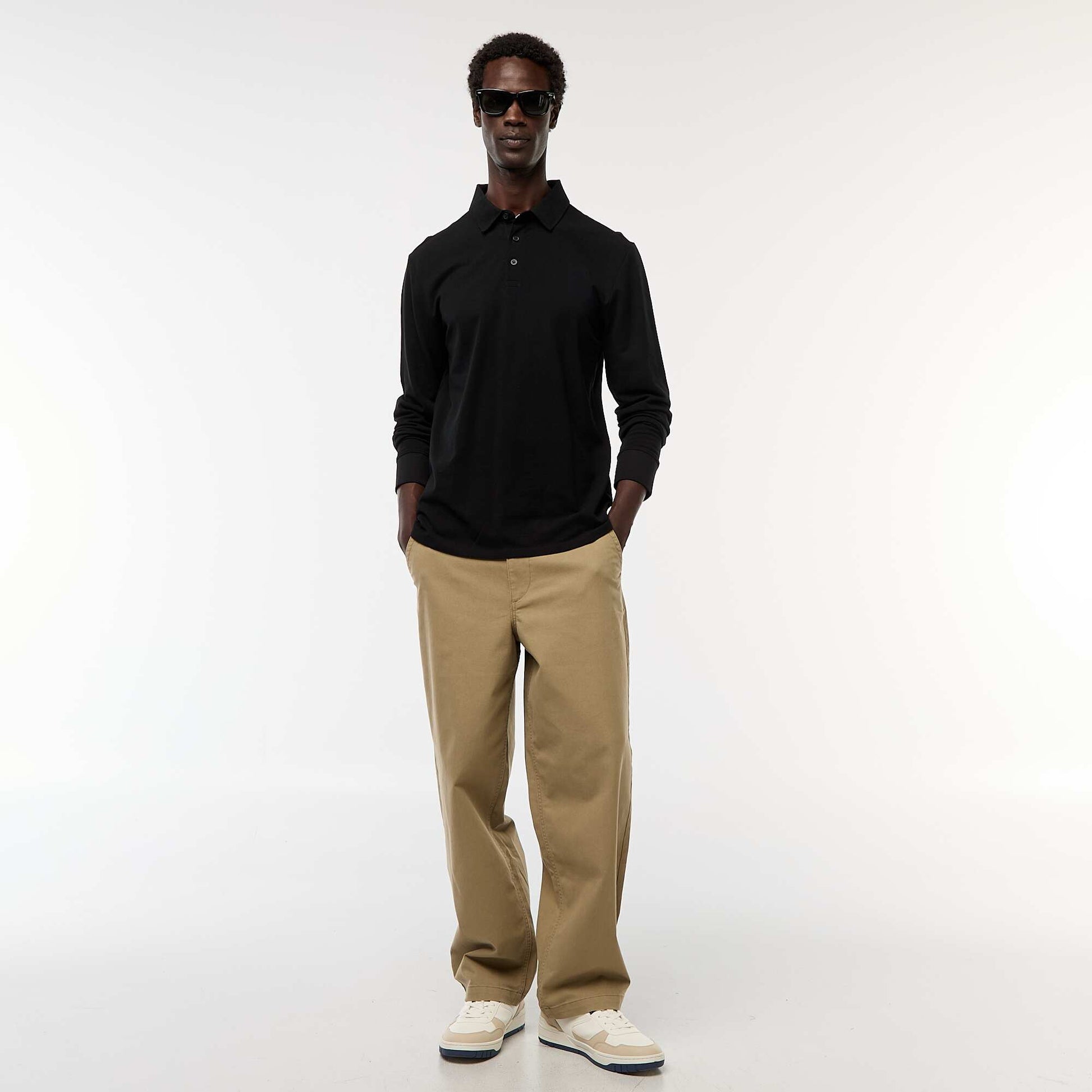 Polo en maille piquée à manches longues uni NOIR