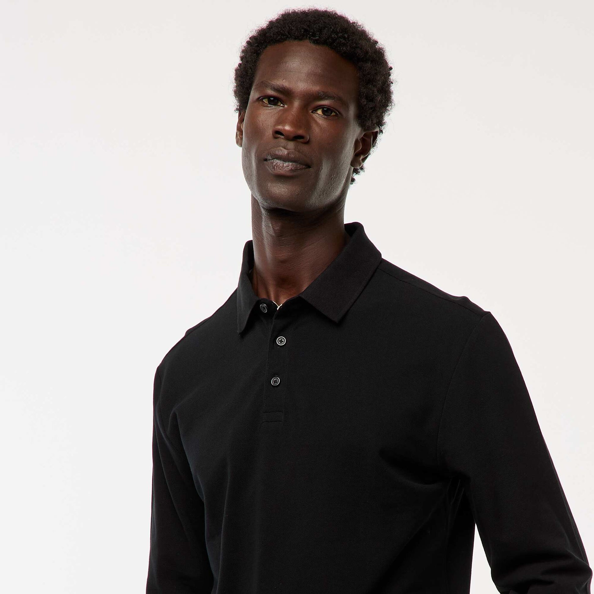 Polo en maille piquée à manches longues uni NOIR