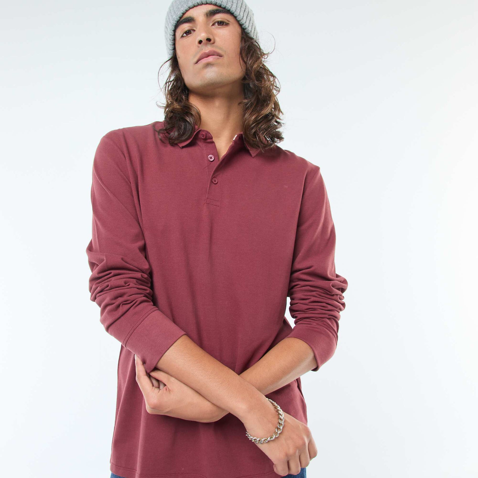 Polo en maille piquée à manches longues uni ROUGE