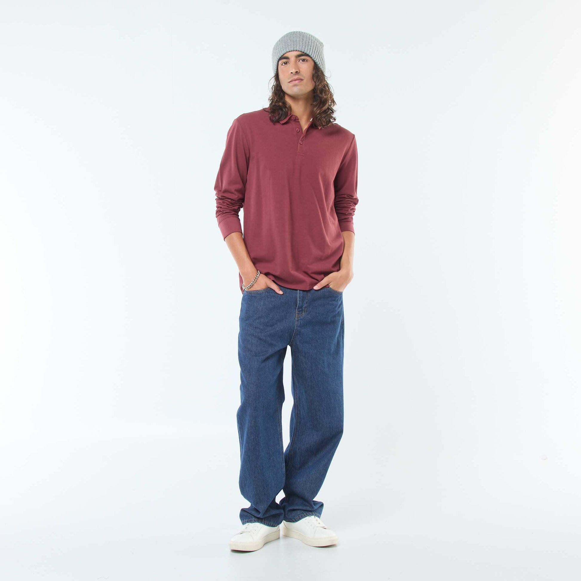 Polo en maille piquée à manches longues uni ROUGE
