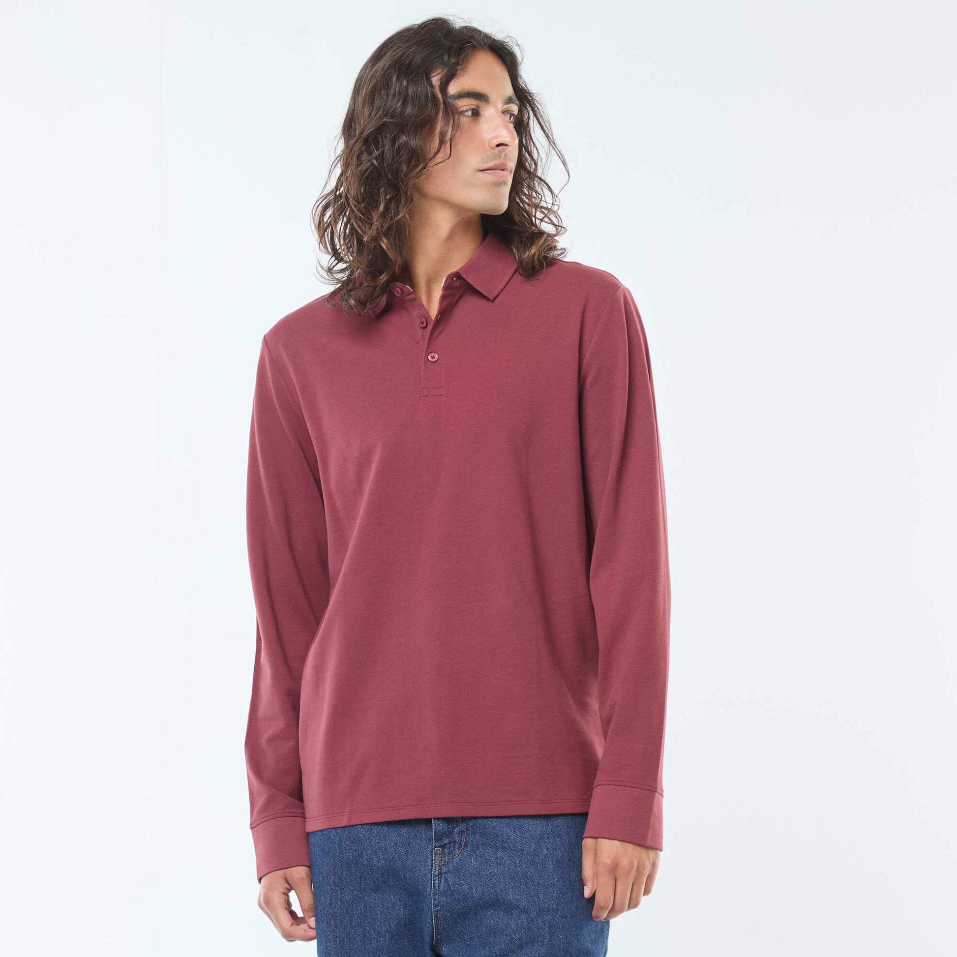 Polo en maille piquée à manches longues uni ROUGE