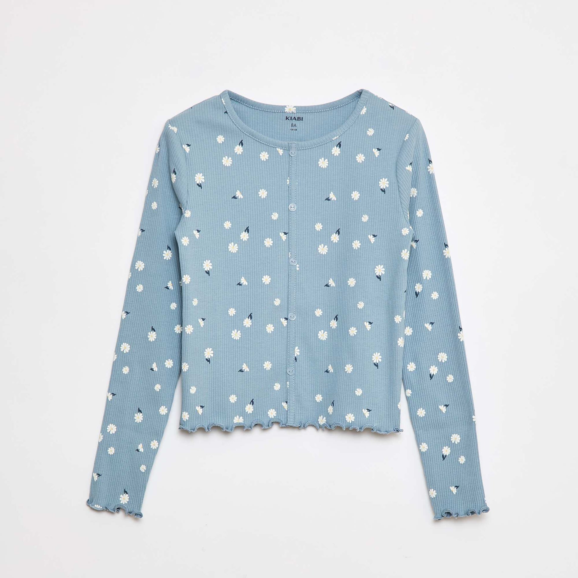 T-shirt côtelé à fleurs BLEU CLAIR