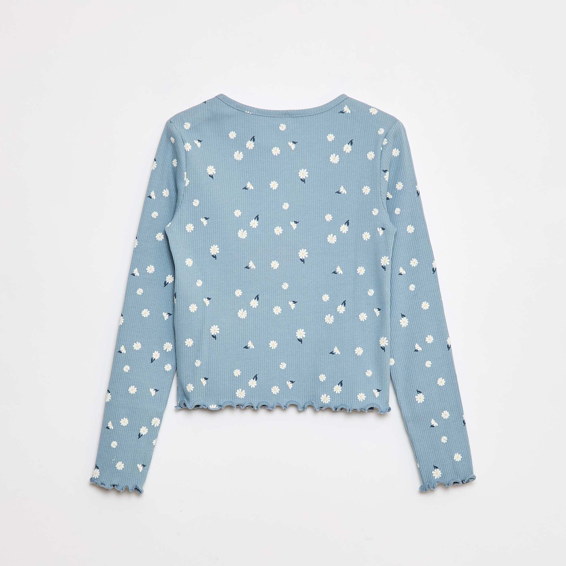T-shirt côtelé à fleurs BLEU CLAIR