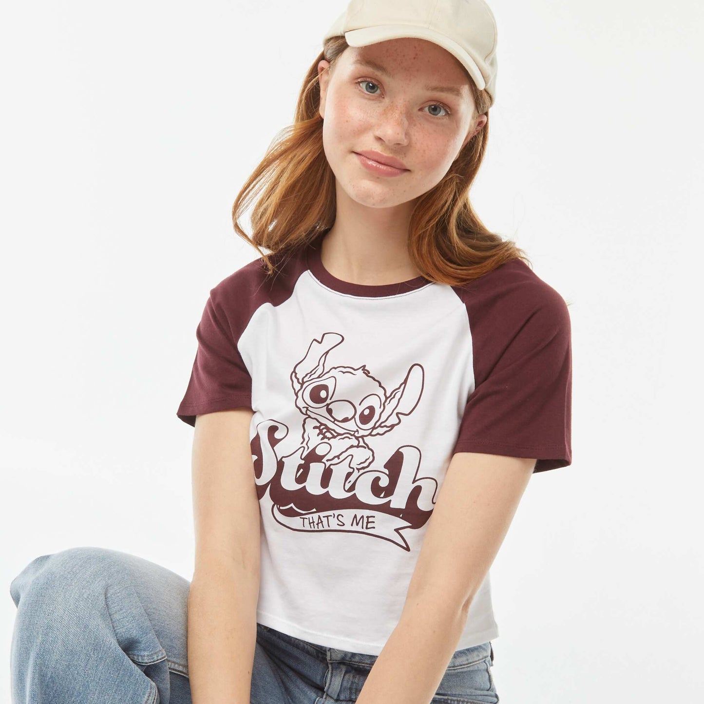 Tee-shirt manches raglan 'Stitch' BLANC/BORDEAUX
