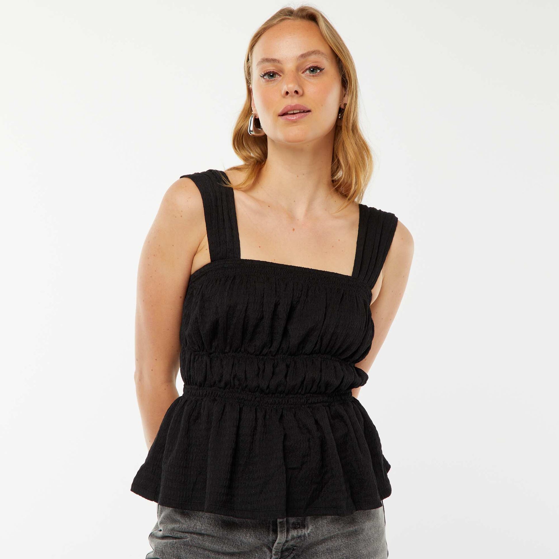 Top uni à bretelles en maille gaufrée NOIR