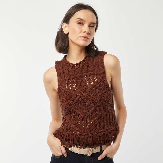 Pull sans manches en maille fantaisie avec franges MARRON