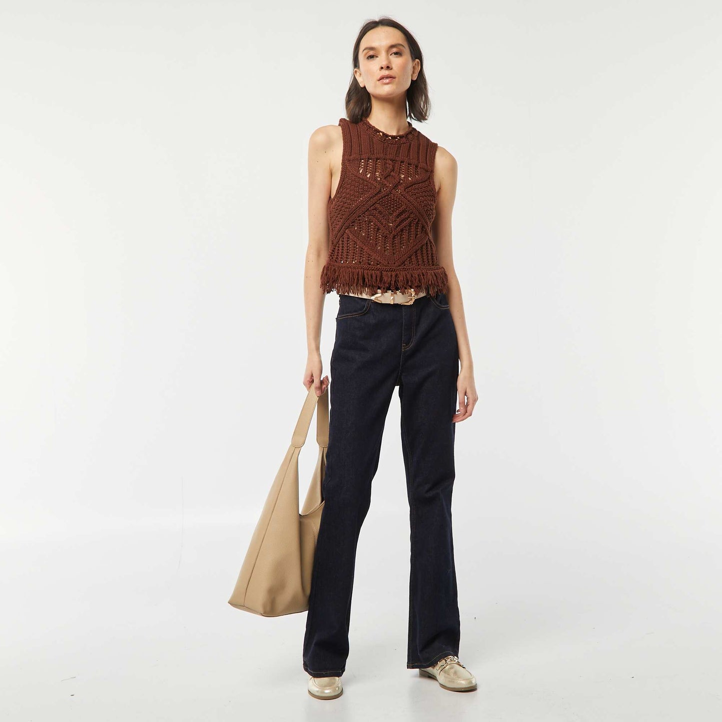 Pull sans manches en maille fantaisie avec franges MARRON