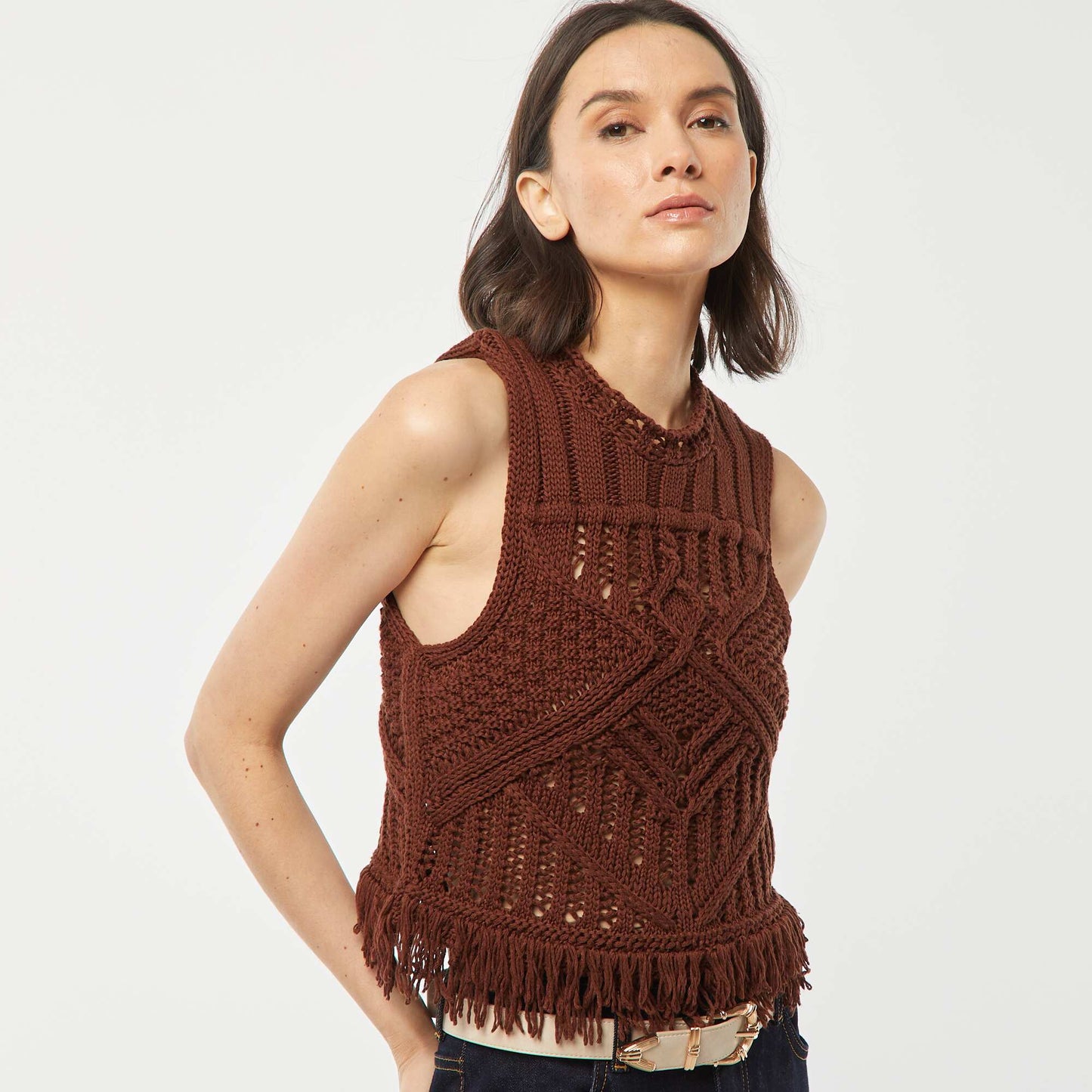 Pull sans manches en maille fantaisie avec franges MARRON