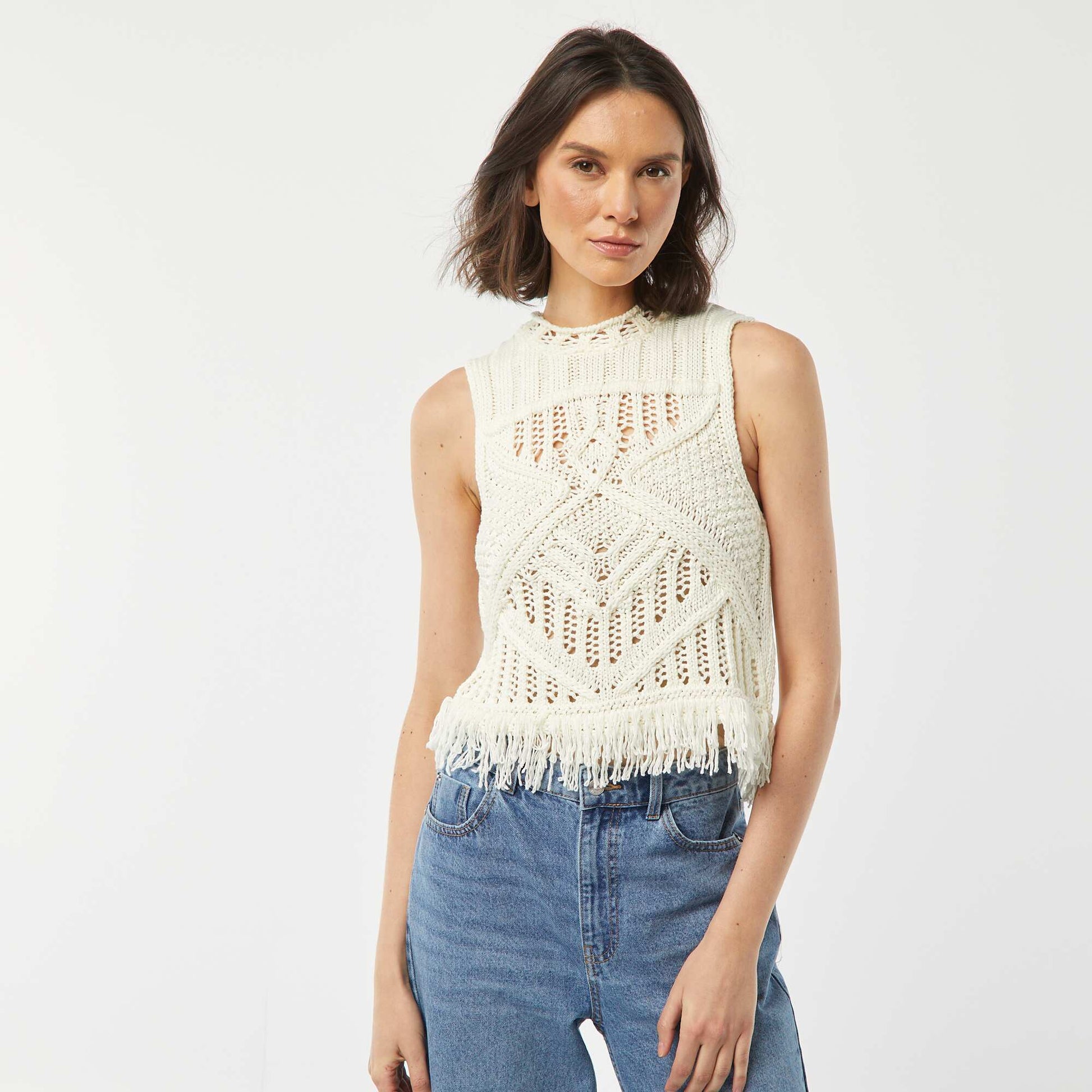 Pull sans manches en maille fantaisie avec franges BEIGE
