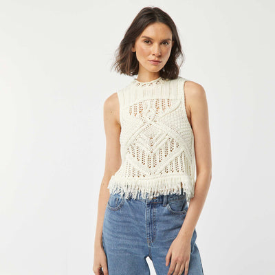 Pull sans manches en maille fantaisie avec franges BEIGE