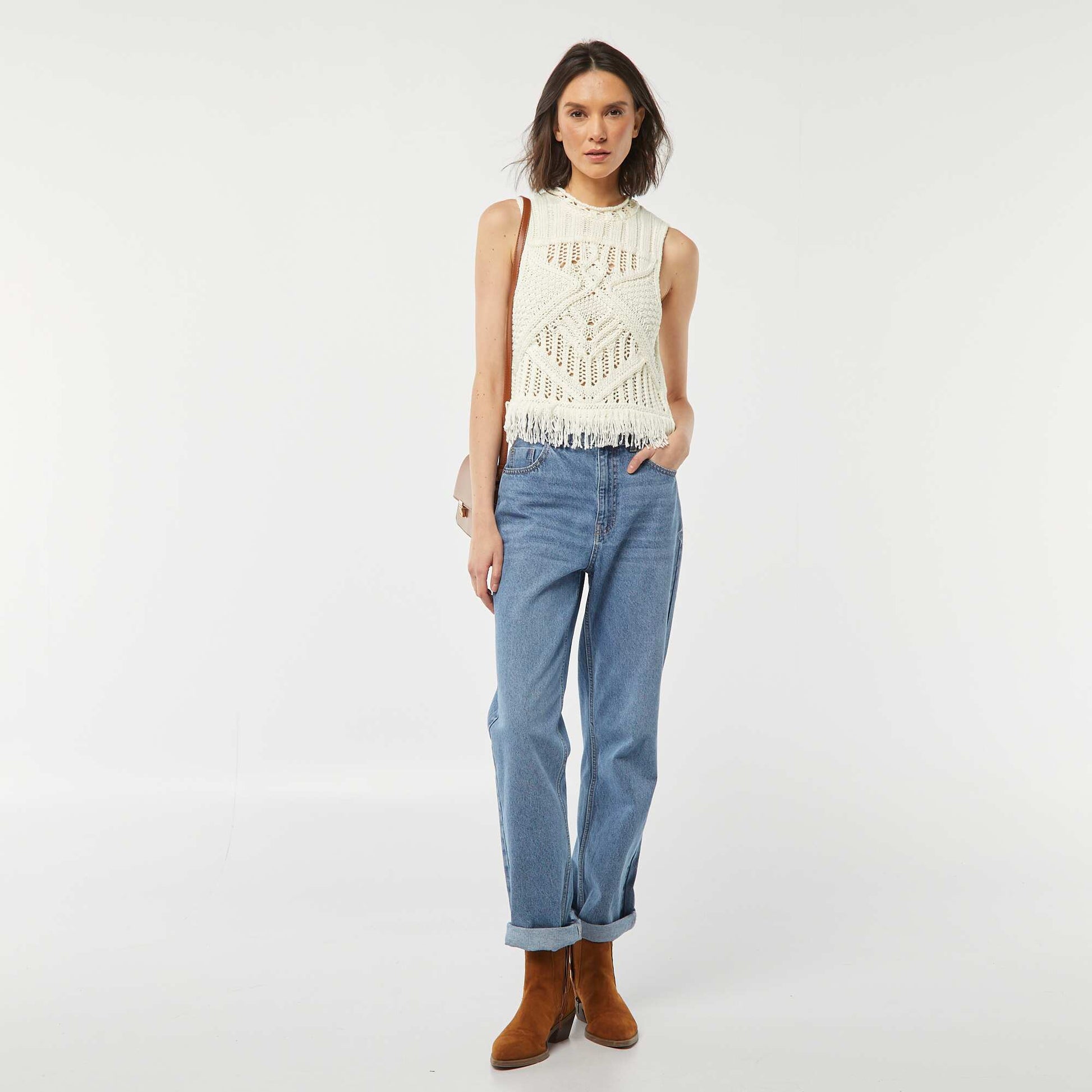 Pull sans manches en maille fantaisie avec franges BEIGE