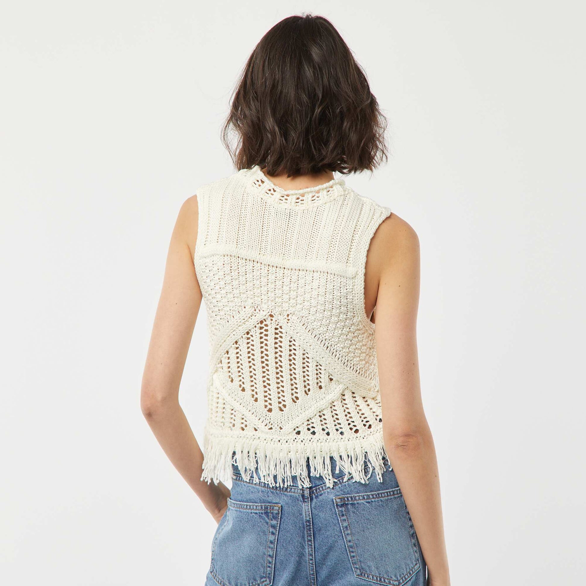 Pull sans manches en maille fantaisie avec franges BEIGE