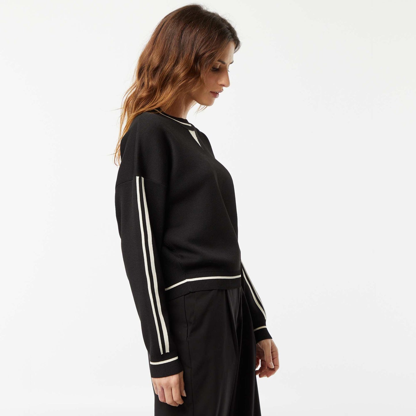 Pull en fine maille côtelée bicolore NOIR
