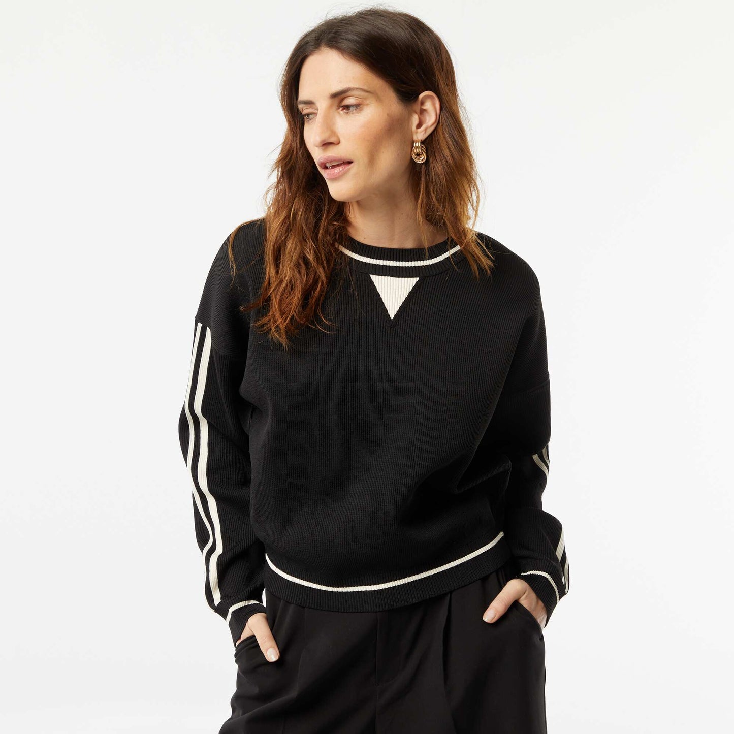 Pull en fine maille côtelée bicolore NOIR