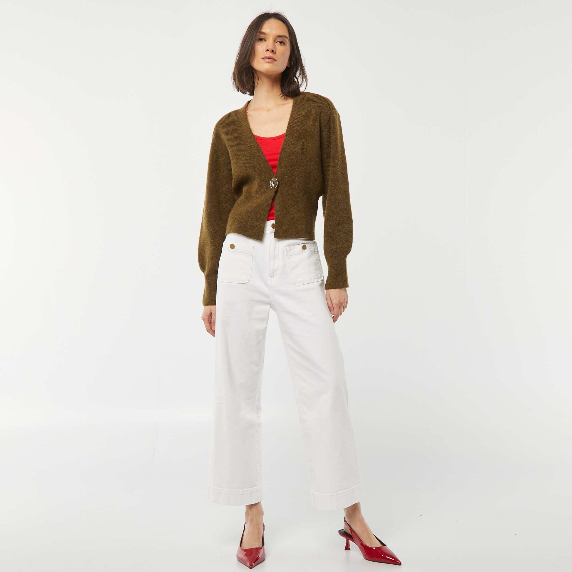 Gilet avec ouverture bouton doré en maille côtelée KAKI