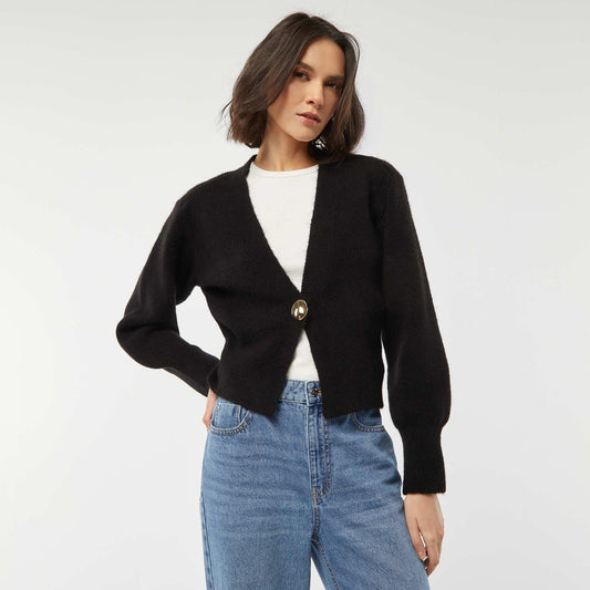 Gilet avec ouverture bouton doré en maille côtelée NOIR