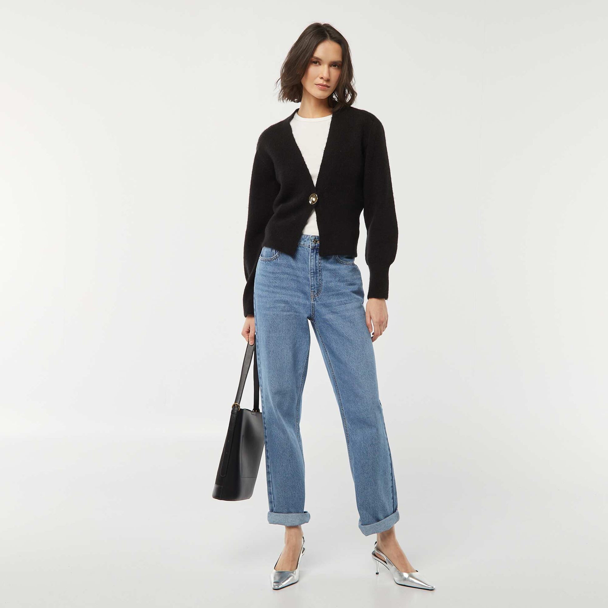 Gilet avec ouverture bouton doré en maille côtelée NOIR