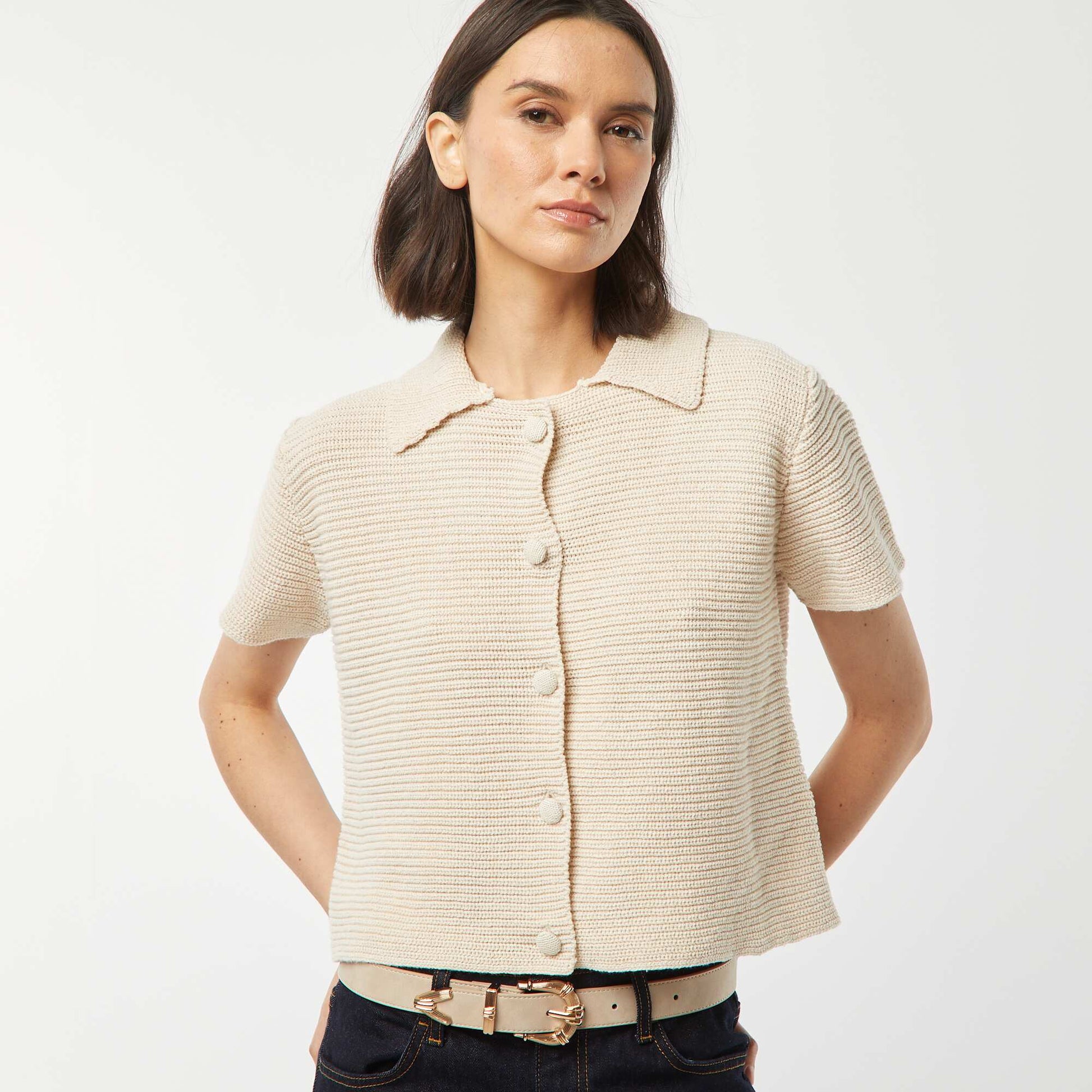 Gilet à manches courtes en maille moulinée BEIGE