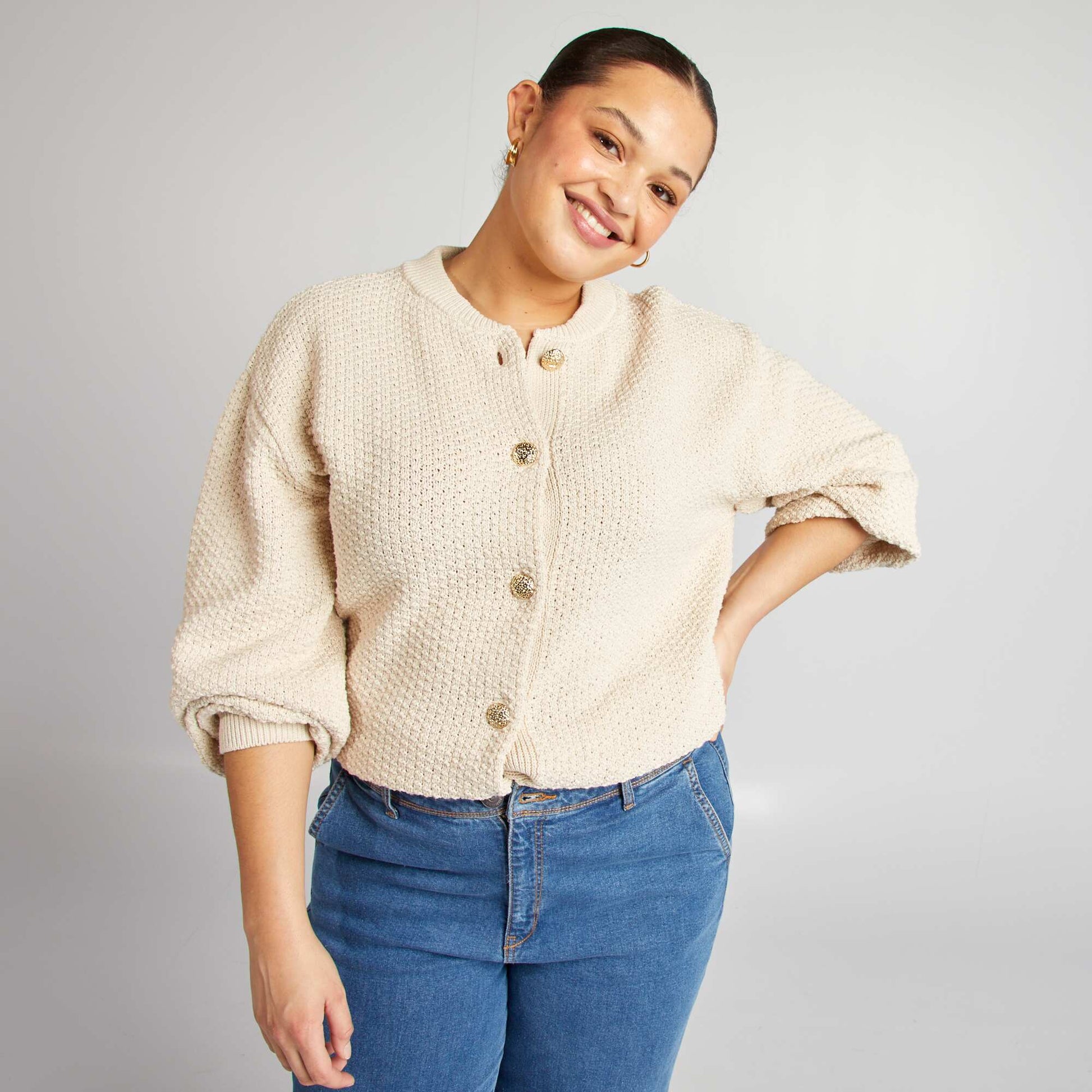 Gilet uni grosse jauge boutons dorés BEIGE