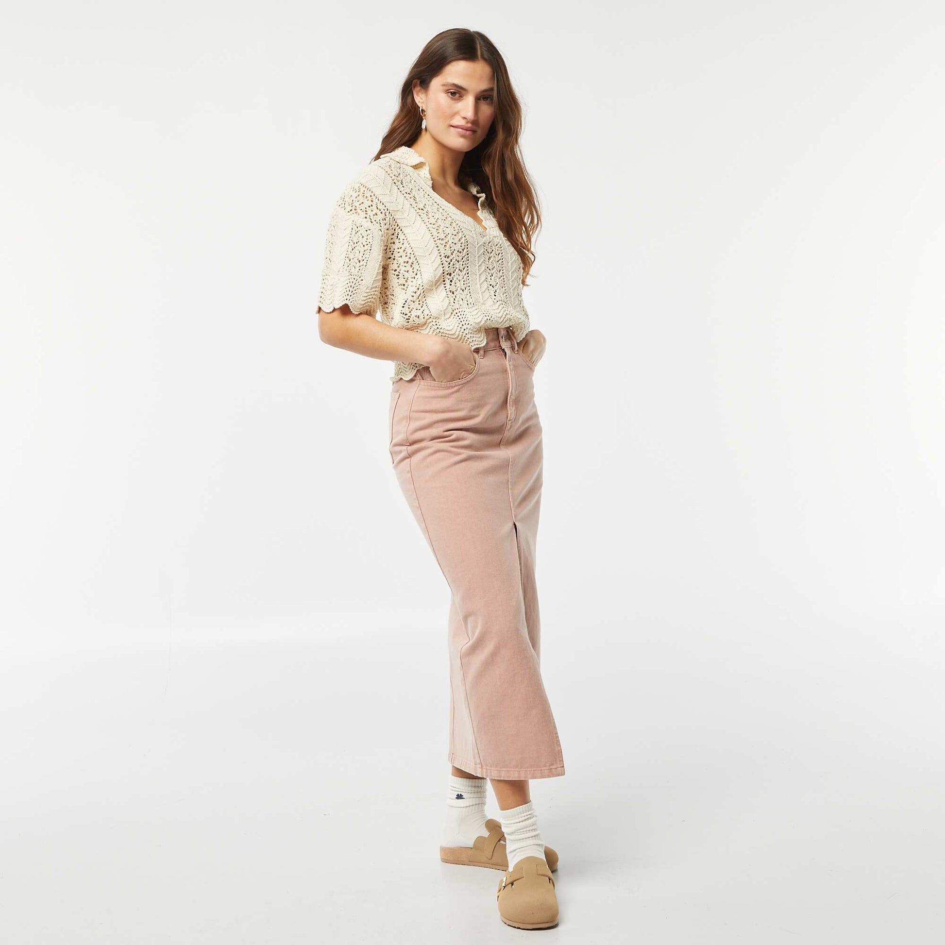 Pull ajouré col polo BEIGE