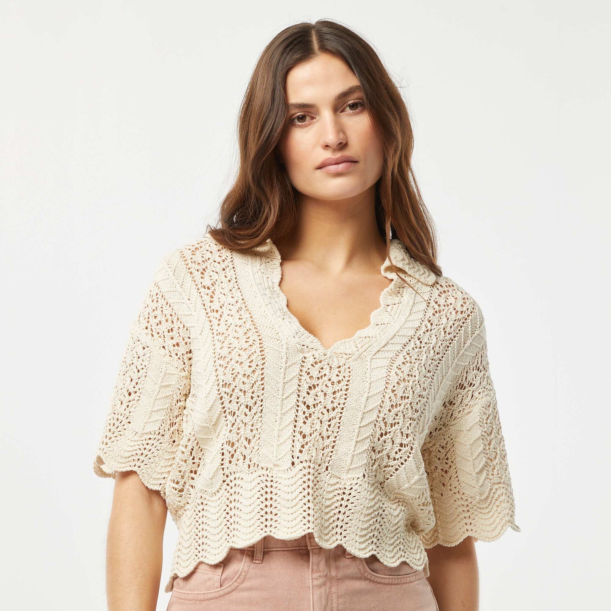 Pull ajouré col polo BEIGE