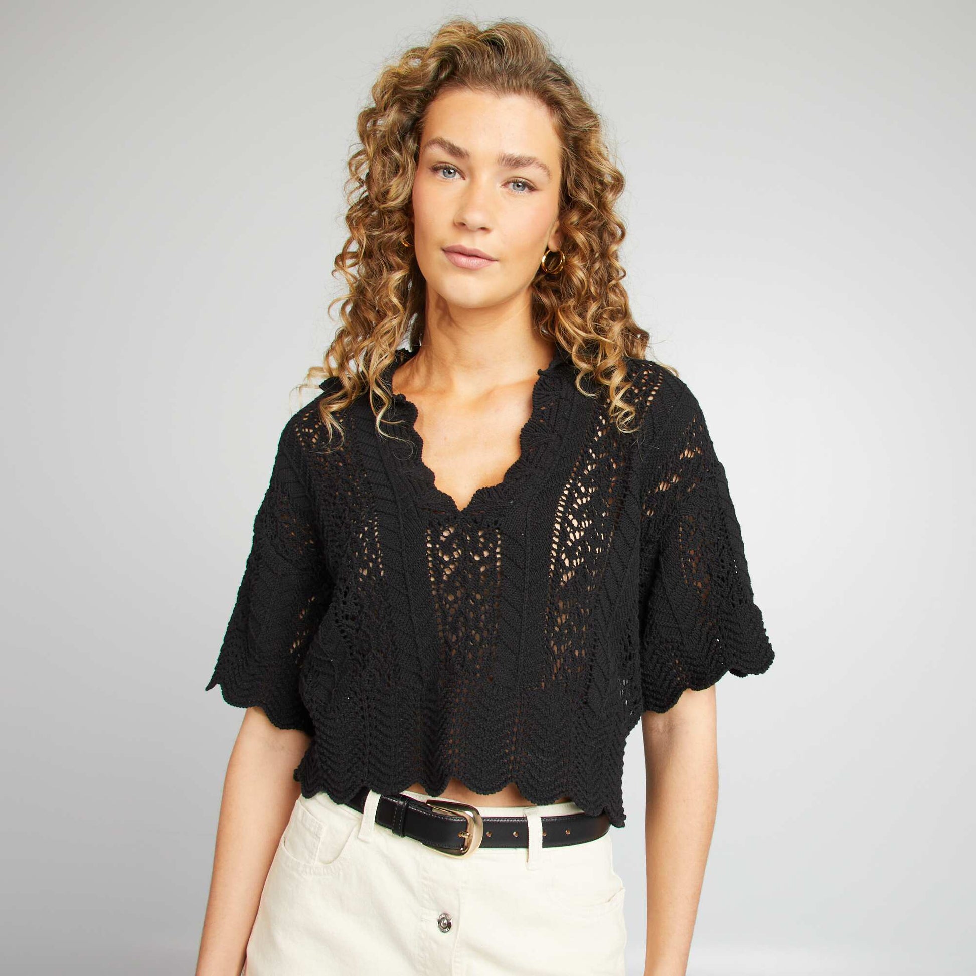 Pull ajouré col polo NOIR