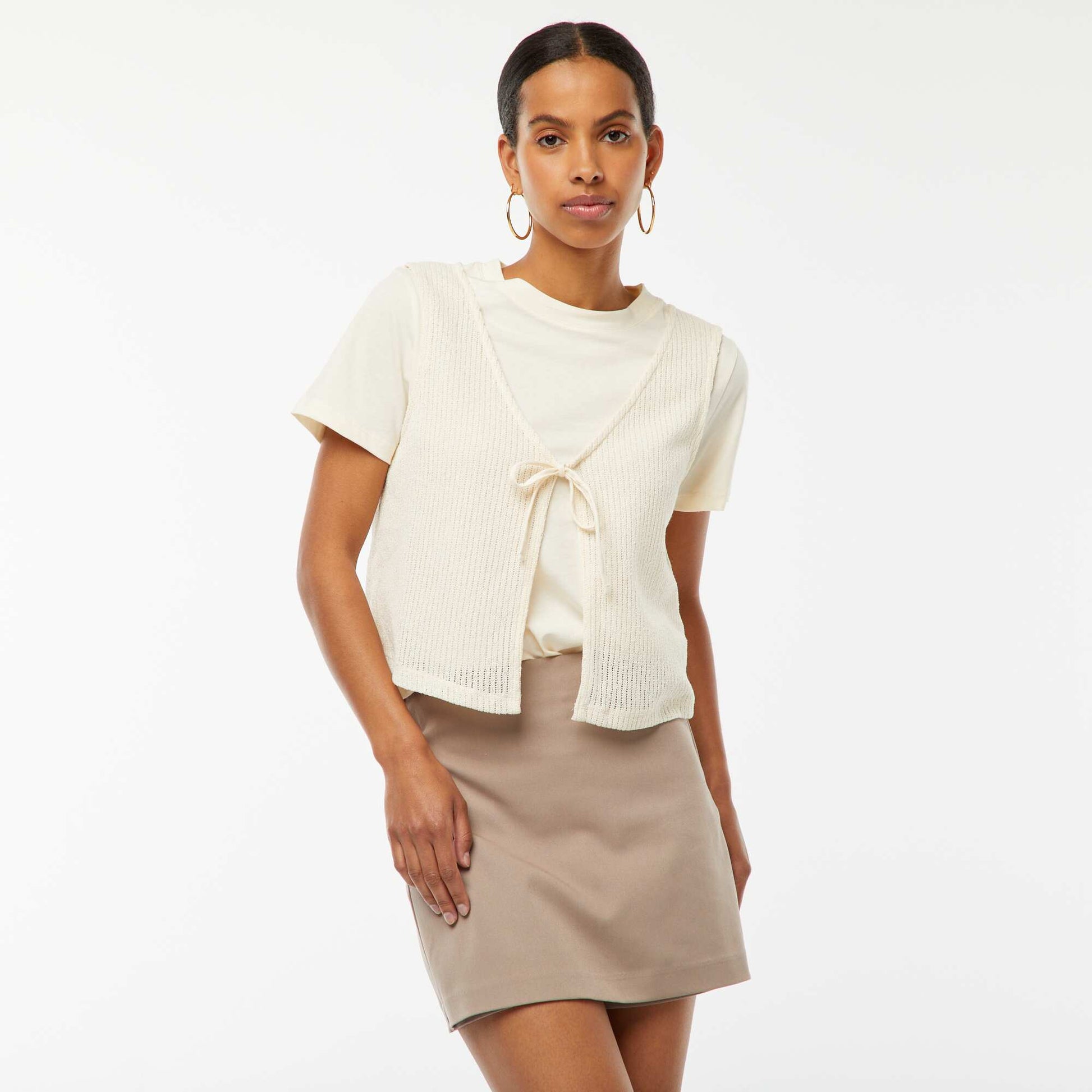 Top 2 en 1 avec gilet sans manches intégré BEIGE
