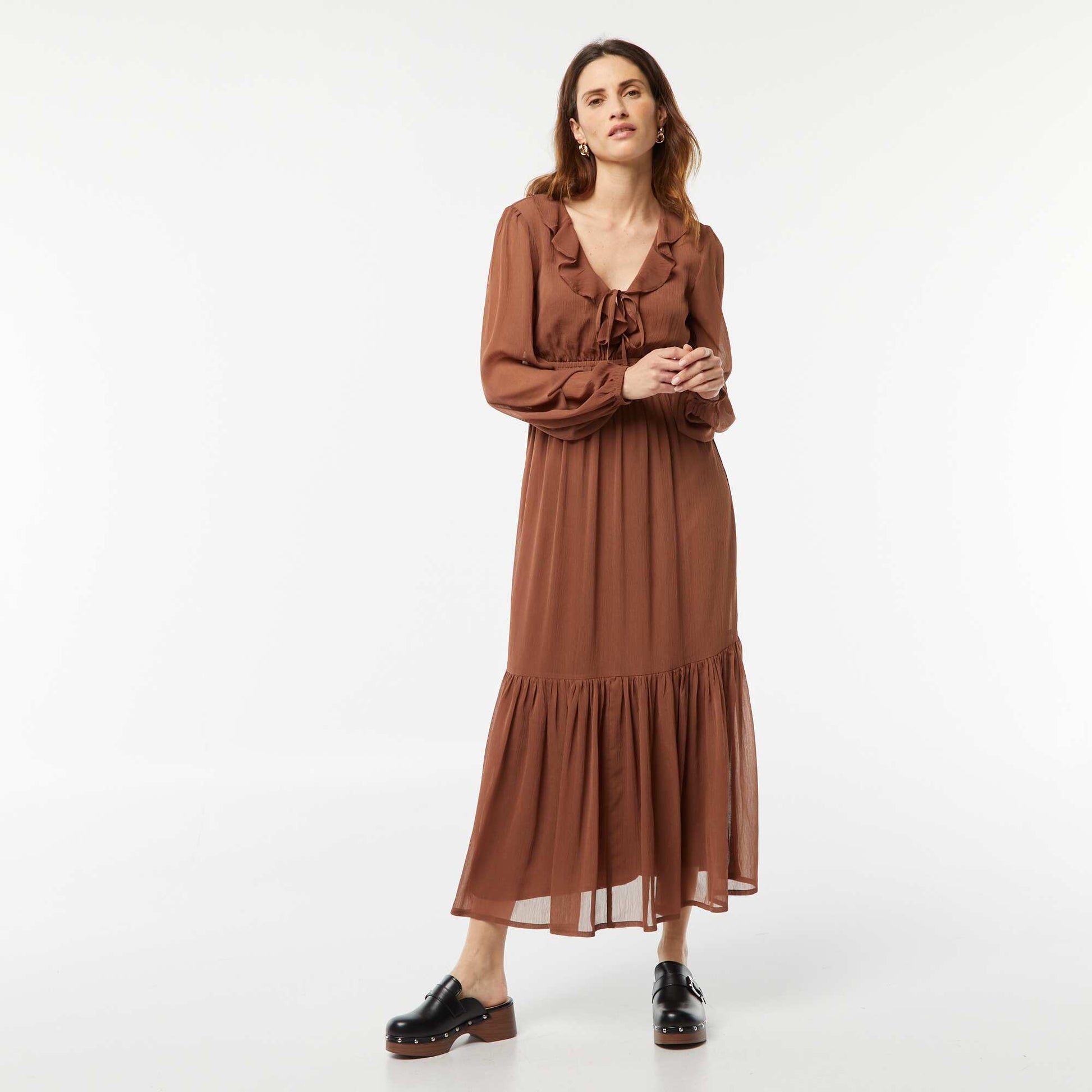 Robe longue à volants MARRON