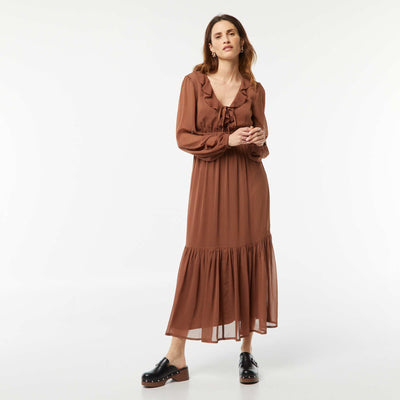 Robe longue à volants MARRON