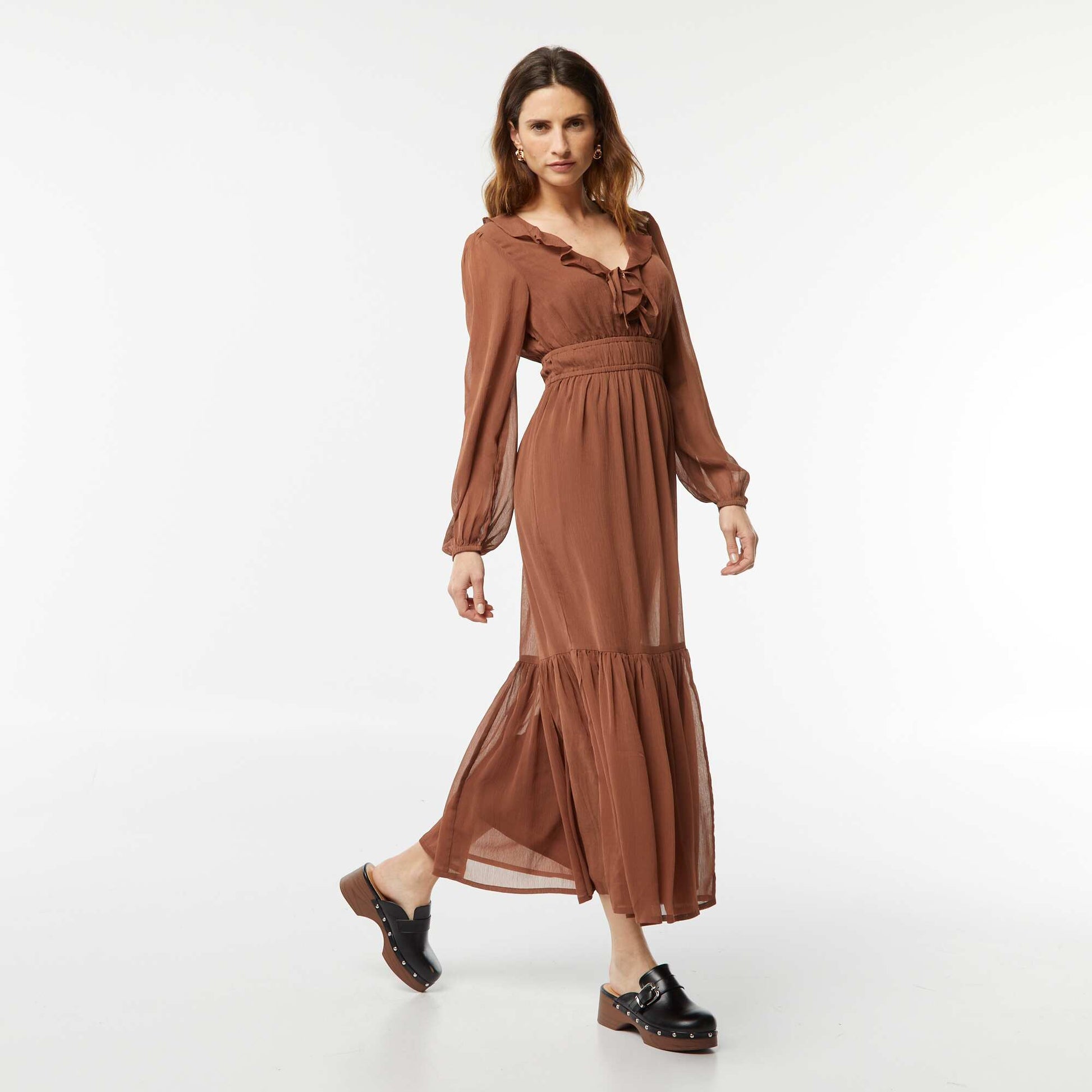 Robe longue à volants MARRON