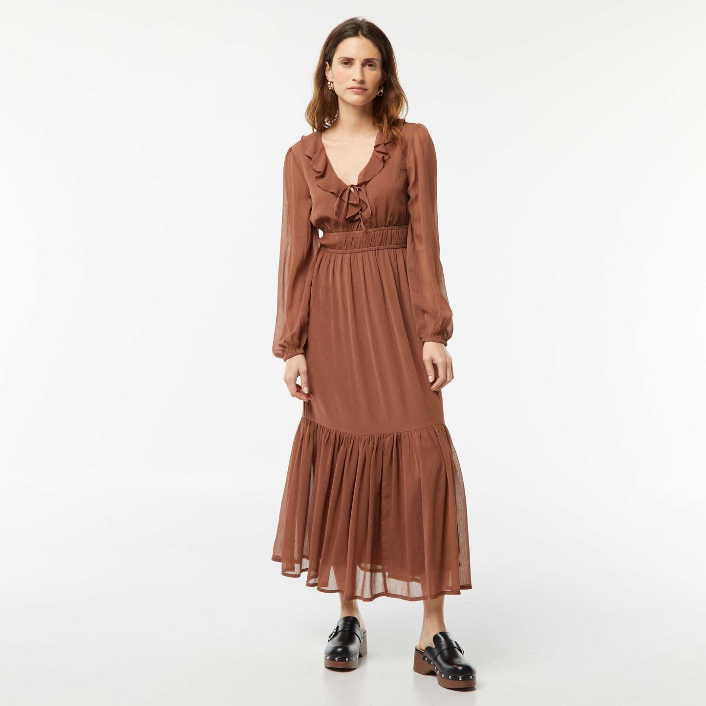 Robe longue à volants MARRON