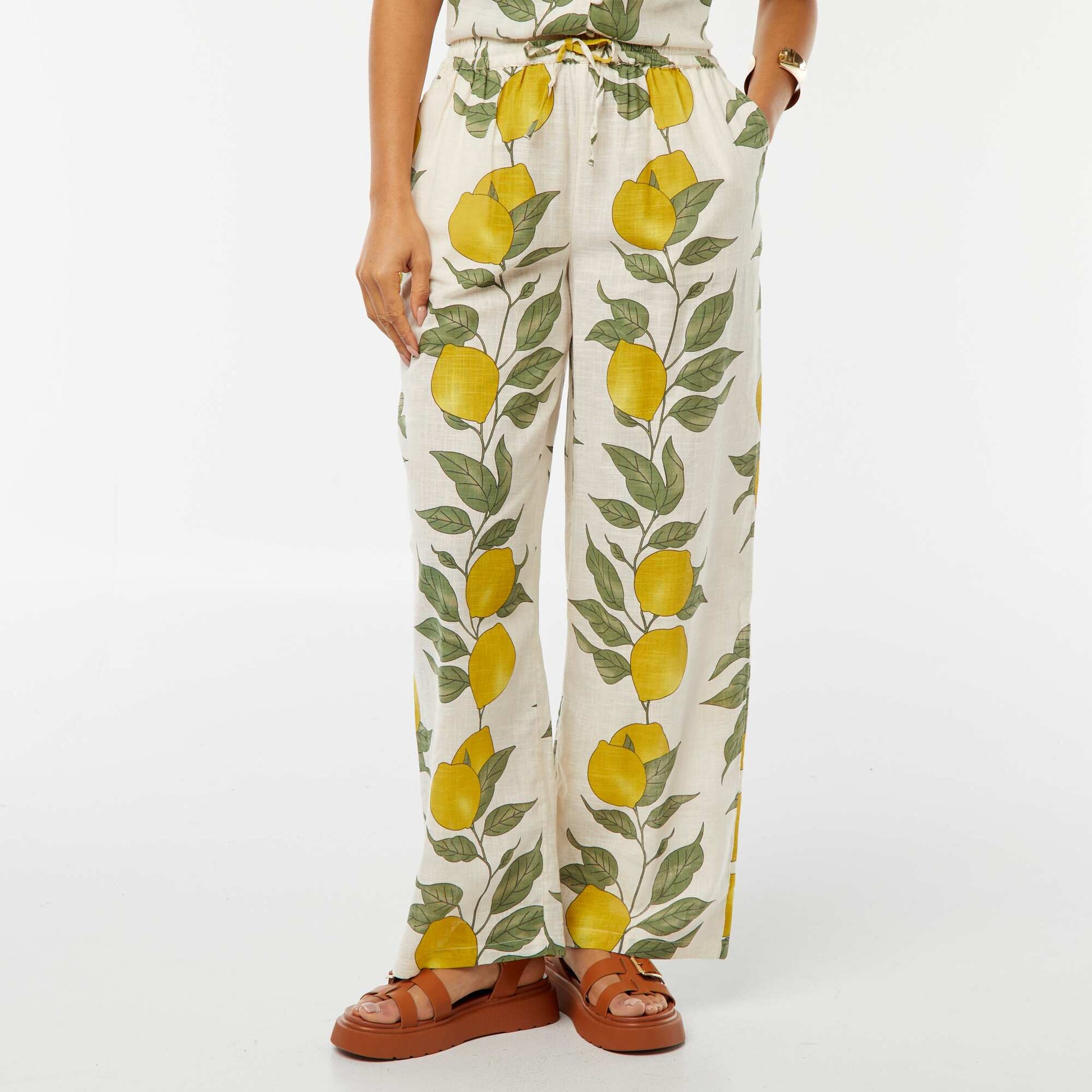 Pantalon large et fluide avec imprimé citron BEIGE